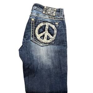 Miss Me Straight Leg Jeans with Silver Peace Design